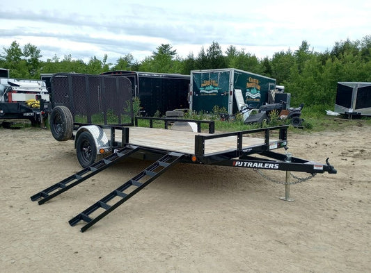 2024 PJ Trailers 7×14 Powder Coated Open Utility w/Rear Ramp Gate, ATV Side Loading Ramps image 0