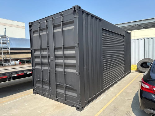 20ft Used Shipping Container – Matte Black w/ 12’ Side Roll-Up Door image 0
